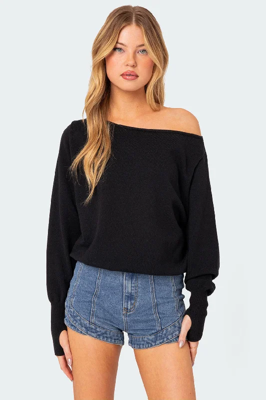 Plus Size Women's Side - Slit Sweaters in Bold SolidsOff Shoulder Oversized Sweater