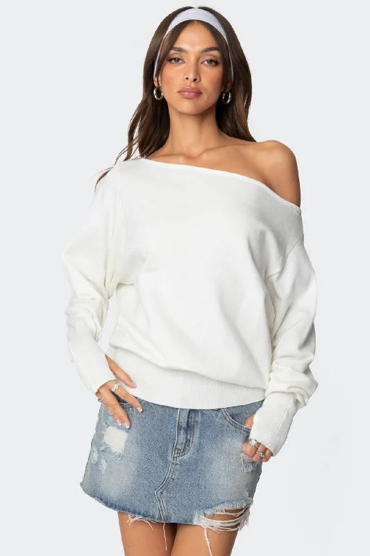 Plus Size Women's Ruffled Hem Sweaters in Floral PrintsOff Shoulder Oversized Sweater