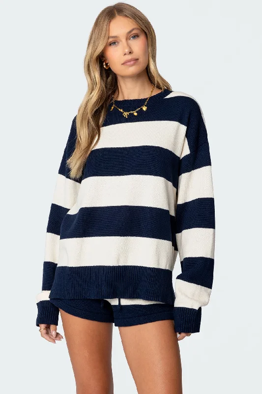 Plus Size Women's Side - Slit Sweaters in Bold SolidsRiley Oversized Striped Sweater