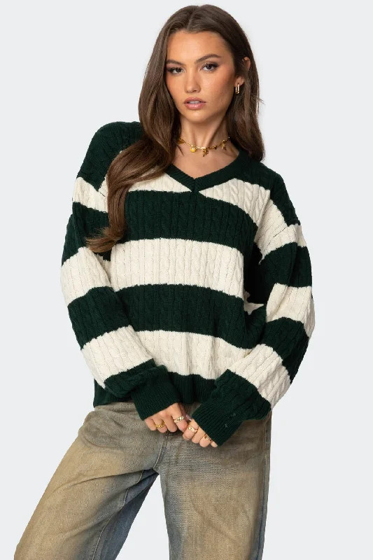 Short Sleeve Women's Cotton Blend Sweaters in Pastel ColorsOversized Striped Cable Knit Sweater