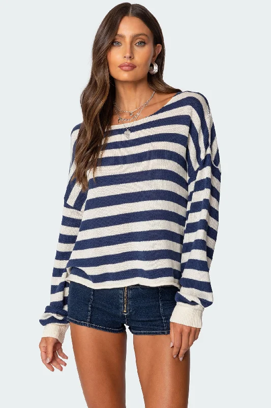 Tie - Front Women's Lambswool Sweaters in Pastel HuesAnney Oversized Striped Sweater