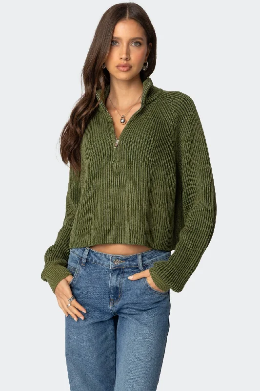 Tie - Front Women's Lambswool Sweaters in Pastel HuesCropped Rib Knit Half Zip Sweater