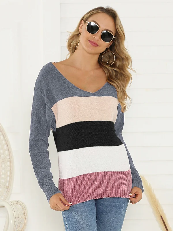 Tie - Front Women's Lambswool Sweaters in Pastel HuesShiny Color Block Long Sleeve Sweater