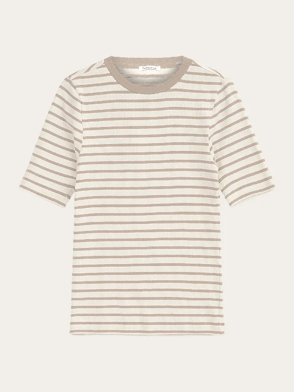 Pocketed Women T Shirt for Added FunctionalityStriped rib t-shirt - Beige stripe