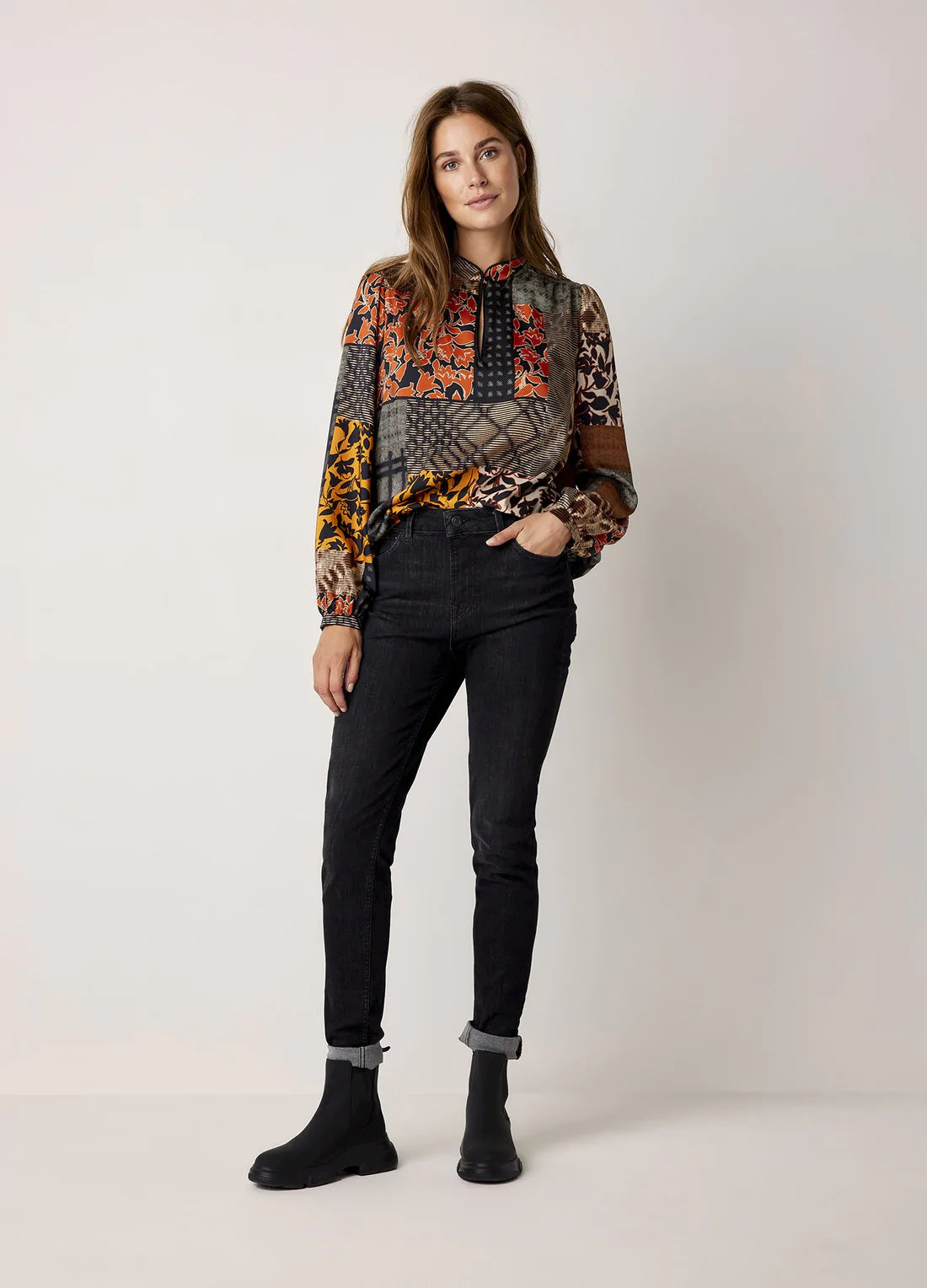 Open - Front Women's Cardigan - Style Mohair SweatersSummum Patchwork Print Top