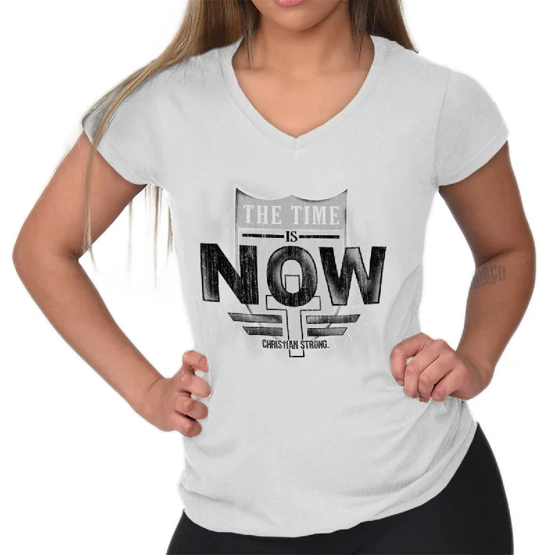 Distressed Women T Shirt with a Laid - Back AestheticTime is Now Junior Fit V-Neck T-Shirt