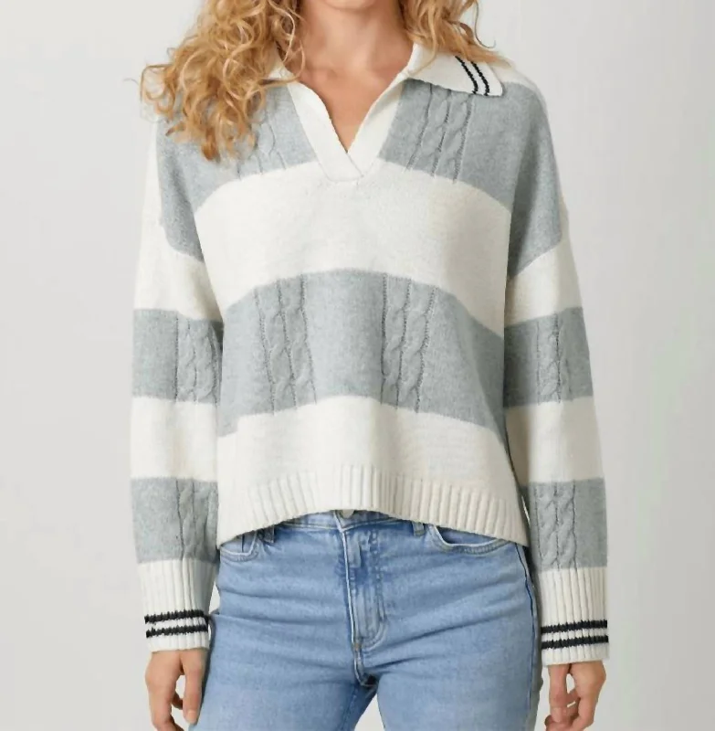 Plus Size Women's Embroidered Sweaters in Ethnic StylesV Neck Stripe Sweater In Ivory/grey