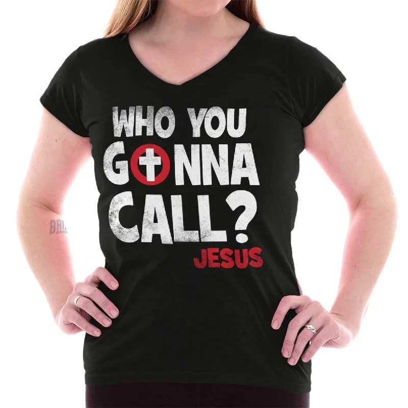 Embroidered Women T Shirt with Intricate DetailsWho You Gonna Call Junior Fit V-Neck T-Shirt