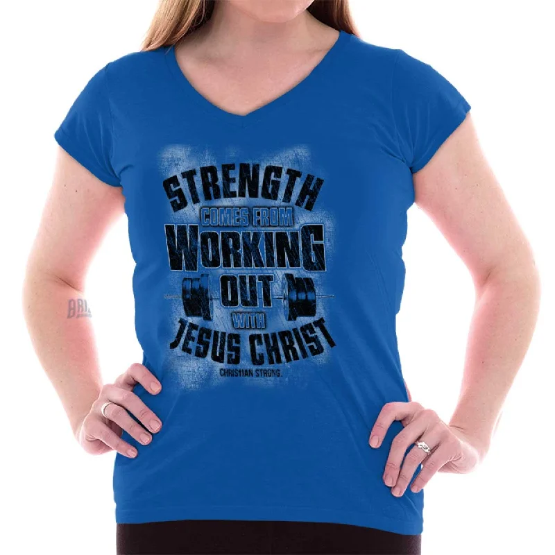 Long Sleeve Women T Shirt for Cooler WeatherWorking Out With Christ Junior Fit V-Neck T-Shirt