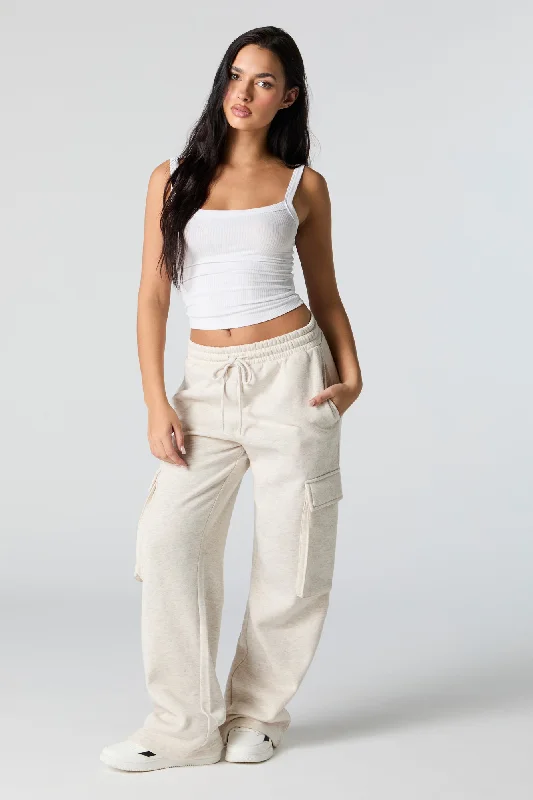 Women's Cropped Cargo Pants in Khaki with Multiple Pockets for a Practical and Fashionable StyleFleece Wide Leg Cargo Sweatpant