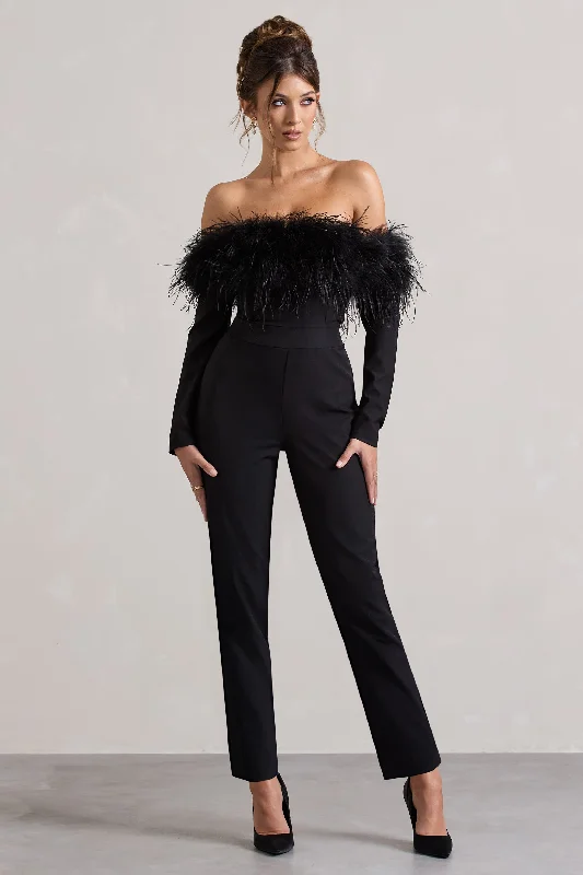 Women jumpsuits with one - shoulder tops for a stylish and asymmetric lookAles | Black Bardot Tailored Straight-Leg Jumpsuit With Feather Trim