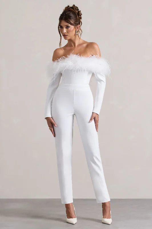 Women jumpsuits with geometric prints for a modern and contemporary aestheticAles | White Bardot Tailored Straight-Leg Jumpsuit With Feather Trim