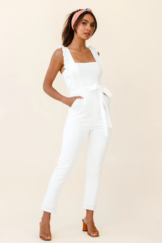 Linen women jumpsuits for a breathable and relaxed summer lookAll For Love Square Neckline Ruffle Strap Jumpsuit White