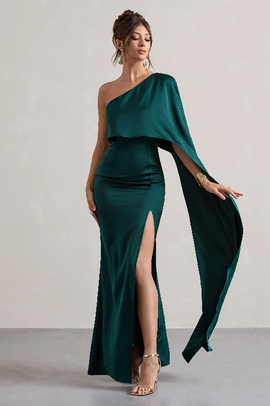 Shift Women Dress with a Simple and Classic Design for Everyday WearAmora | Bottle Green Satin Asymmetric Cape-Sleeve Split Maxi Dress