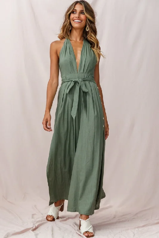 Sheer women jumpsuits with lace panels for a romantic and sexy styleAruba Wide Leg Halterneck Jumpsuit Khaki