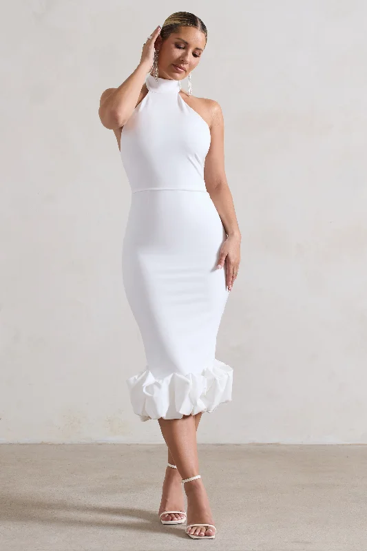 Off - the - Shoulder Women Dress for a Romantic and Feminine LookAshton | White High-Neck Midi Dress With Ruffle Hem