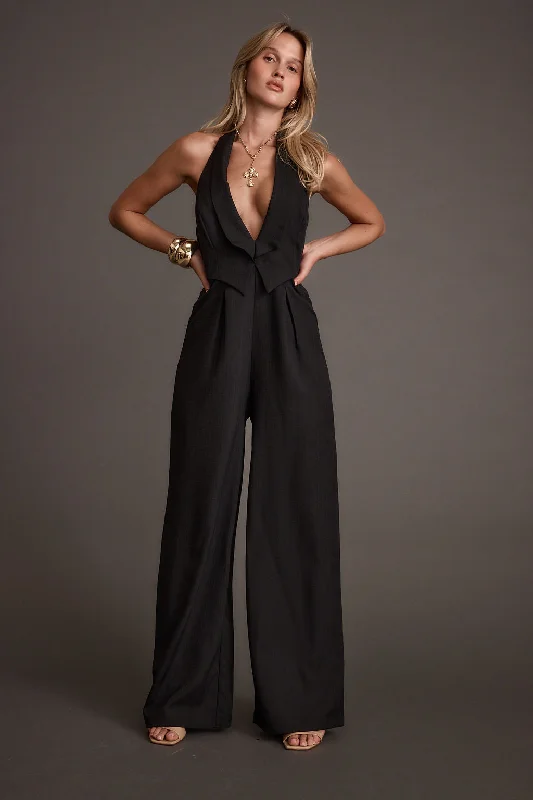 Sheer women jumpsuits with lace panels for a romantic and sexy styleAstoria Black Plunge Halter Tailored Jumpsuit