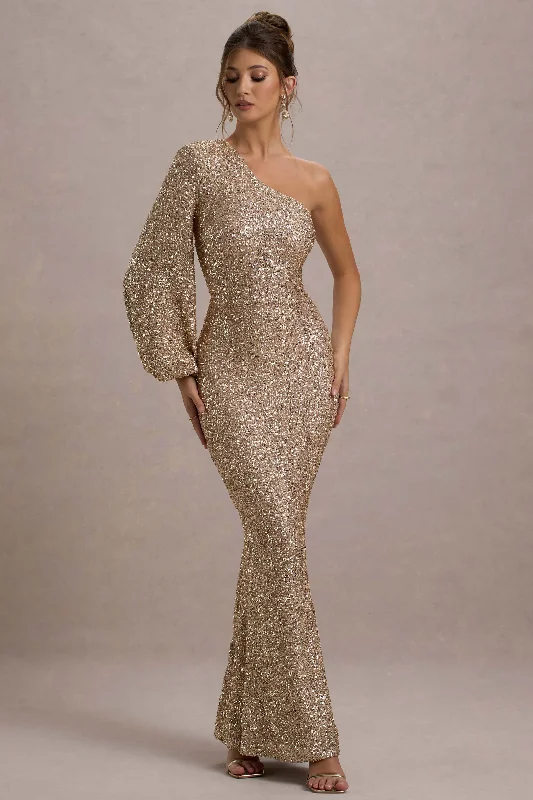 Halter Neck Women Dress to Show Off the Shoulders and NecklineAven | Gold Sequin Asymmetric Puff-Sleeve Maxi Dress