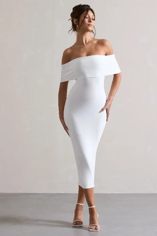 Sheath Women Dress with a Tailored Fit for a Professional LookAverie | White Bodycon Bardot Midi Dress