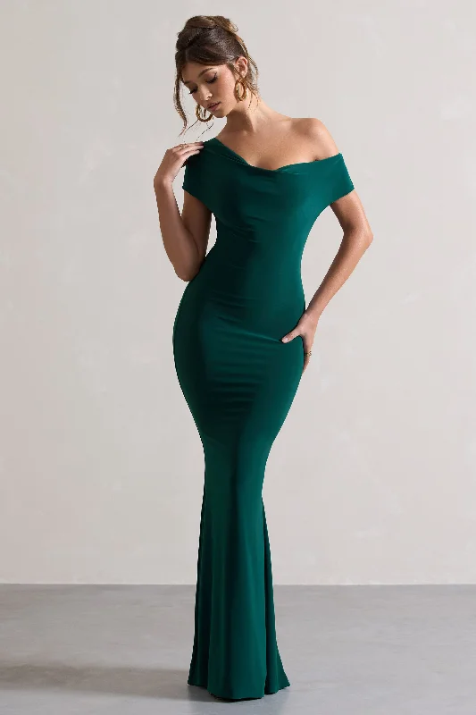 Pleated Women Dress with a Timeless and Elegant TextureAvila | Bottle Green Asymmetric Bardot Maxi Dress