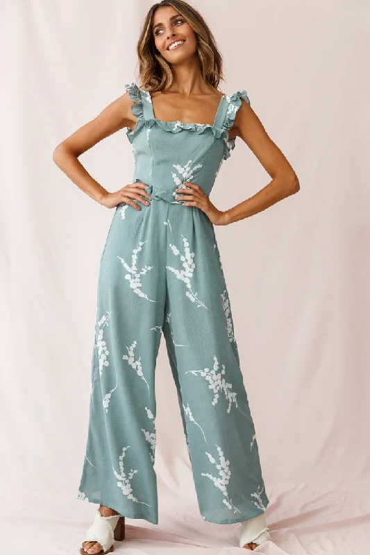 Women jumpsuits with a ruched bodice for a more feminine and form - fitting appearanceAzure Frill Strap Wide Leg Jumpsuit Sage