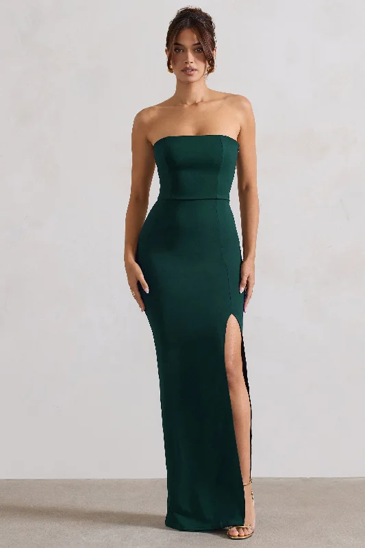 Halter Neck Women Dress to Show Off the Shoulders and NecklineBelle of The Ball | Bottle Green Bandeau Maxi Dress With Split Hem