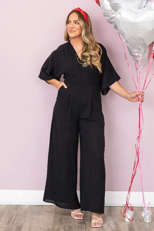 Sheer women jumpsuits with lace panels for a romantic and sexy styleBlack 3/4 Sleeve V-Neck Jumpsuit