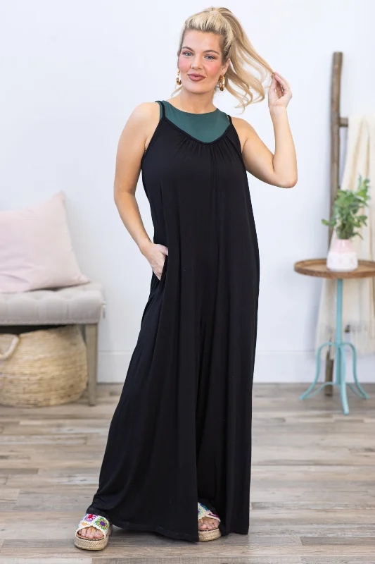 Women jumpsuits with high - low hems for a modern and fashion - forward styleBlack Adjustable Strap Flowy Jumpsuit