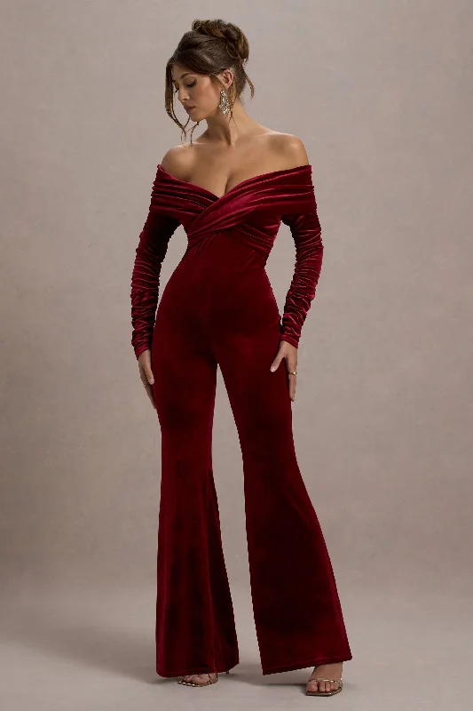 Women jumpsuits with cold - shoulder sleeves for a trendy styleBorealis | Berry Velvet Long-Sleeved Bardot Jumpsuit