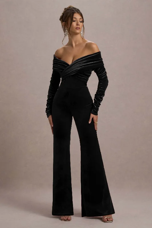 Women jumpsuits with spaghetti - strap tops for a delicate and breezy lookBorealis | Black Velvet Long-Sleeved Bardot Jumpsuit