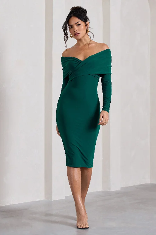 Mini Women Dress with a Short Hem for a Young and Trendy StyleFlatter Me | Bottle Green Twist Front Bardot Midi Dress