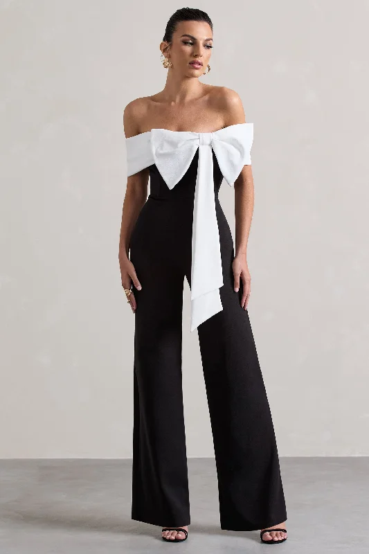 Women jumpsuits with a keyhole back for a unique detailBower | Black Bardot Straight-Leg Jumpsuit With Bow