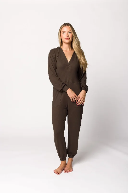 Women jumpsuits with pleated pants for a classic and sophisticated lookLennon Brushed Lounge Jumpsuit with Hood in Dark Olive