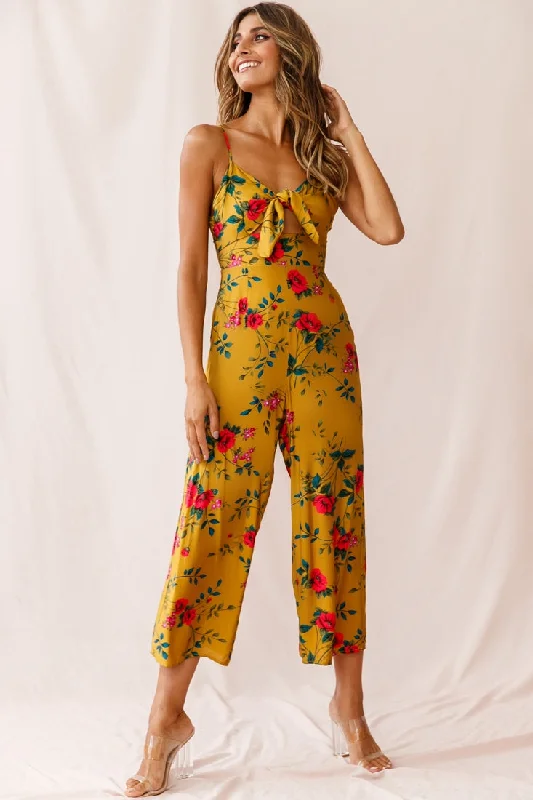 Women jumpsuits with ribbed textures for a unique and textured appearanceCall Me Wide-Leg Tied Bust Jumpsuit Floral Print Mustard