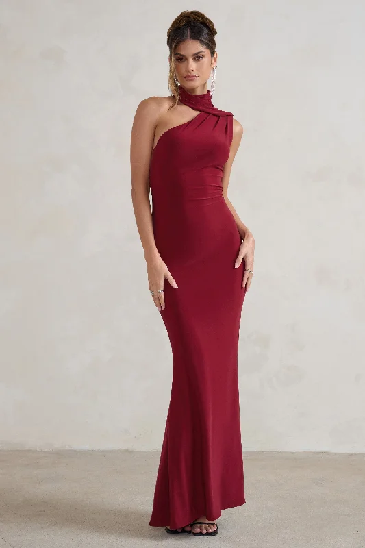 Shift Women Dress with a Simple and Classic Design for Everyday WearCapucine | Berry Red One Shoulder Draped Maxi Dress