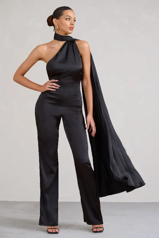 Women jumpsuits with a halter neck for a stylish and flattering choiceCascada | Black Satin Wide Leg Jumpsuit With Statement Scarf Neck