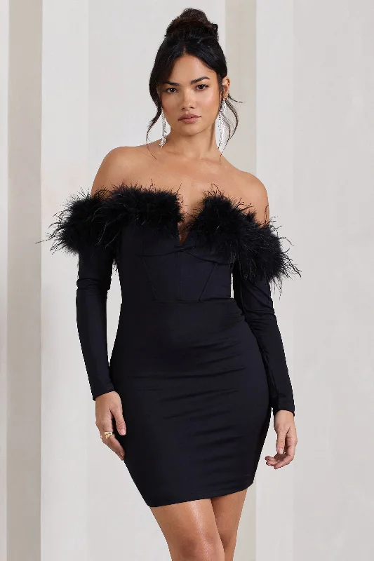 Mini Women Dress with a Short Hem for a Young and Trendy StyleCelia | Black Plunge Neck Bardot Mini Dress With Feather Trim Detail