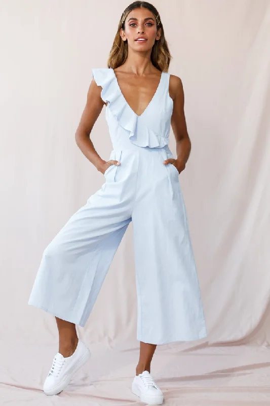 Women jumpsuits with high - low hems for a modern and fashion - forward styleCheryl Ruffle Strap Wide Leg Jumpsuit Steel Blue