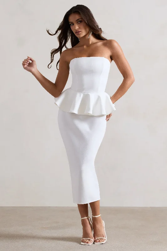 Plus Size Women Dress with a Flattering A - Line Cut for Comfort and StyleChicago | White Bodycon Bandeau Midi Dress With Peplum Detail