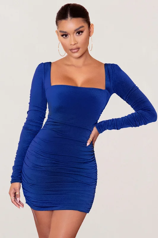 Empire Waist Women Dress to Accentuate the Bust and Conceal the WaistMuse | Royal Blue Long Sleeve Square Neck Ruched Mini Dress