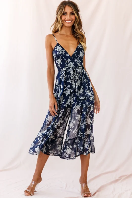 Animal print women jumpsuits for a statement - making outfitConstance Thin Strap Midi Jumpsuit Navy/White Flower