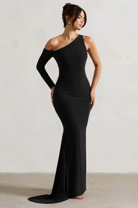 Ball Gown Women Dress with a Full Skirt for a Princess - like LookContradiction | Black One-Sleeve Asymmetric Maxi Dress