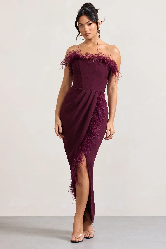 Empire Waist Women Dress to Accentuate the Bust and Conceal the WaistCosmo | Burgundy Bandeau Feather Corset Split Maxi Dress