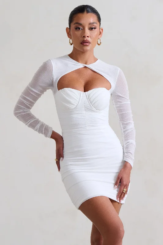 Strapless Women Dress with a Built - in Bra for Comfort and SupportDaiquiri | White Ruched Cut Out Mesh Mini Dress With Long Sleeves