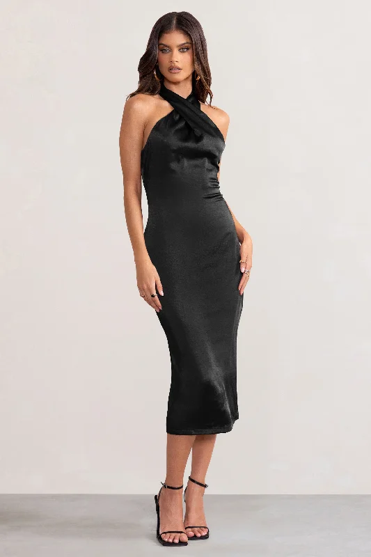 Mermaid - Style Women Dress with a Fitted Silhouette for Special OccasionsDazzling | Black Satin Cross Over Halter Neck Midi Dress