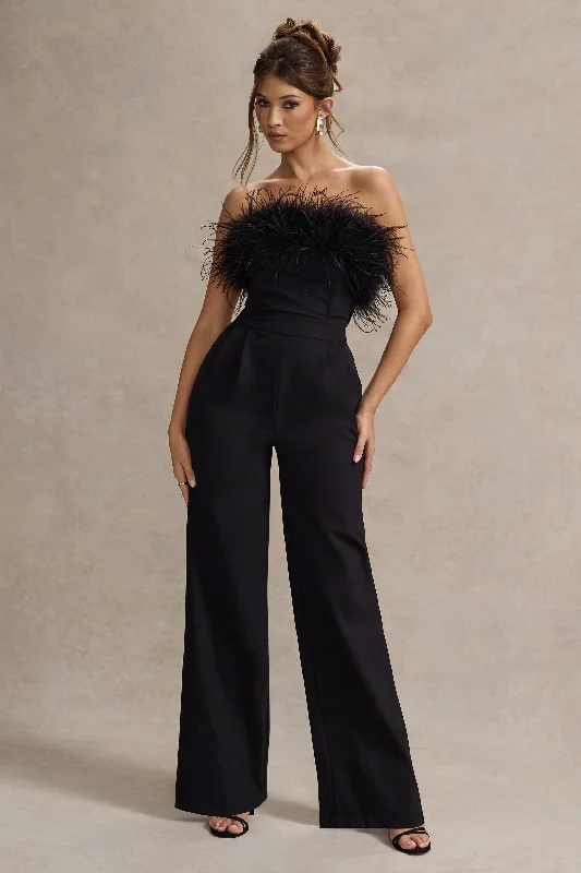 Women jumpsuits with gathered pants for a voluminous and elegant lookDelta | Black Feather Bandeau Wide-Leg Jumpsuit