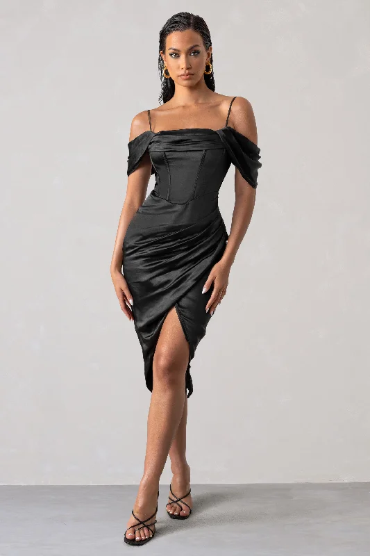 Backless Women Dress for a Sexy and Alluring Look at Evening EventsDeserving | Black Satin Bardot Sleeve Corset Wrap Midi Dress