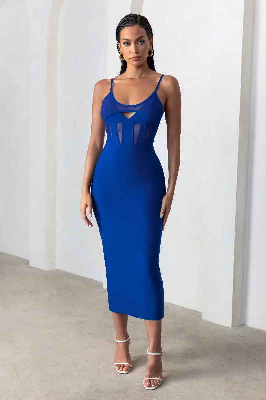 Printed Abstract Women Dress for a Modern and Artistic AppealDestiny Calling | Electric Blue Bandage Mesh Cut Out Midi Dress with Bra Detail