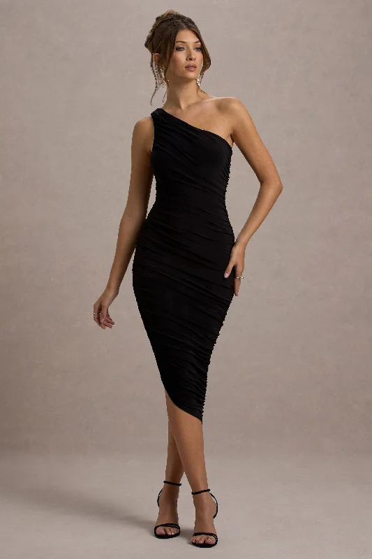 Sheath Women Dress with a Tailored Fit for a Professional LookDorit | Black One Shoulder Asymmetric Ruched Midi Dress