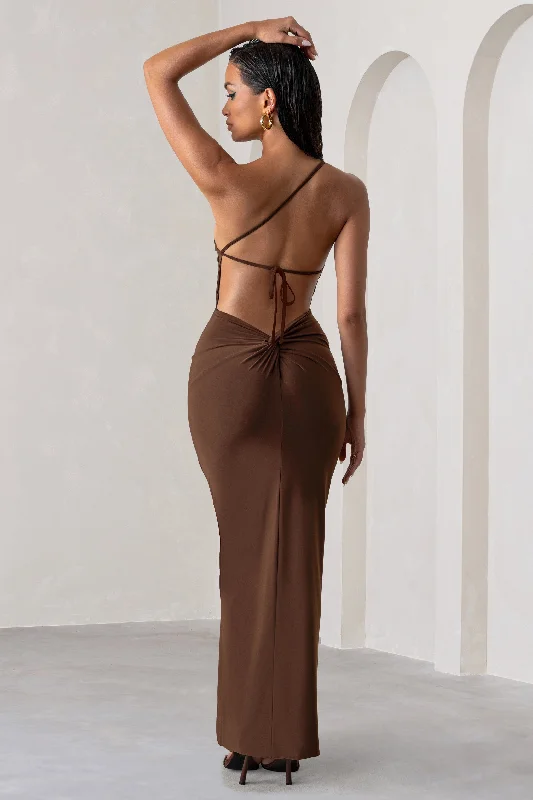 Wrap - Style Women Dress with Adjustable Fit for All Body TypesDressing Up | Chocolate Brown One Shoulder Maxi Dress With Open Back Detail